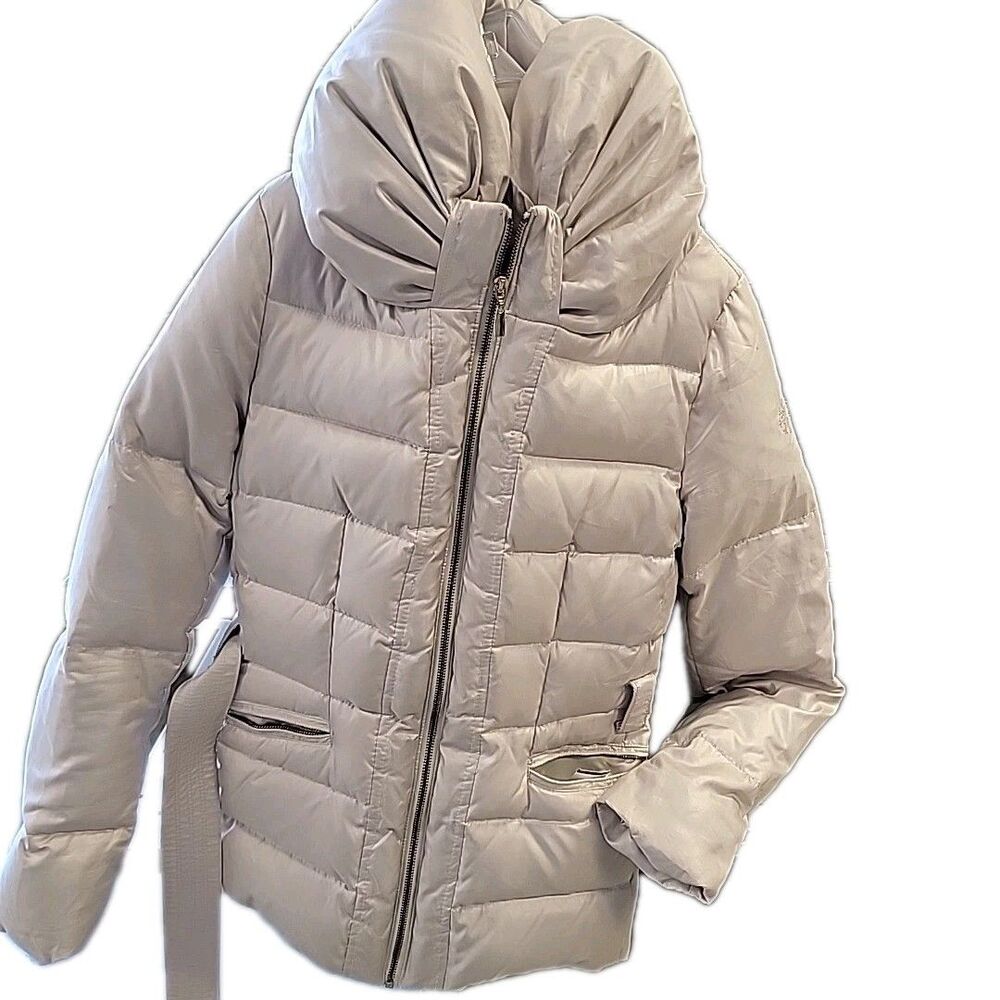 Zara Down Quilted Puffer Coat Mid length Beige High Neck Fall WInter Small
